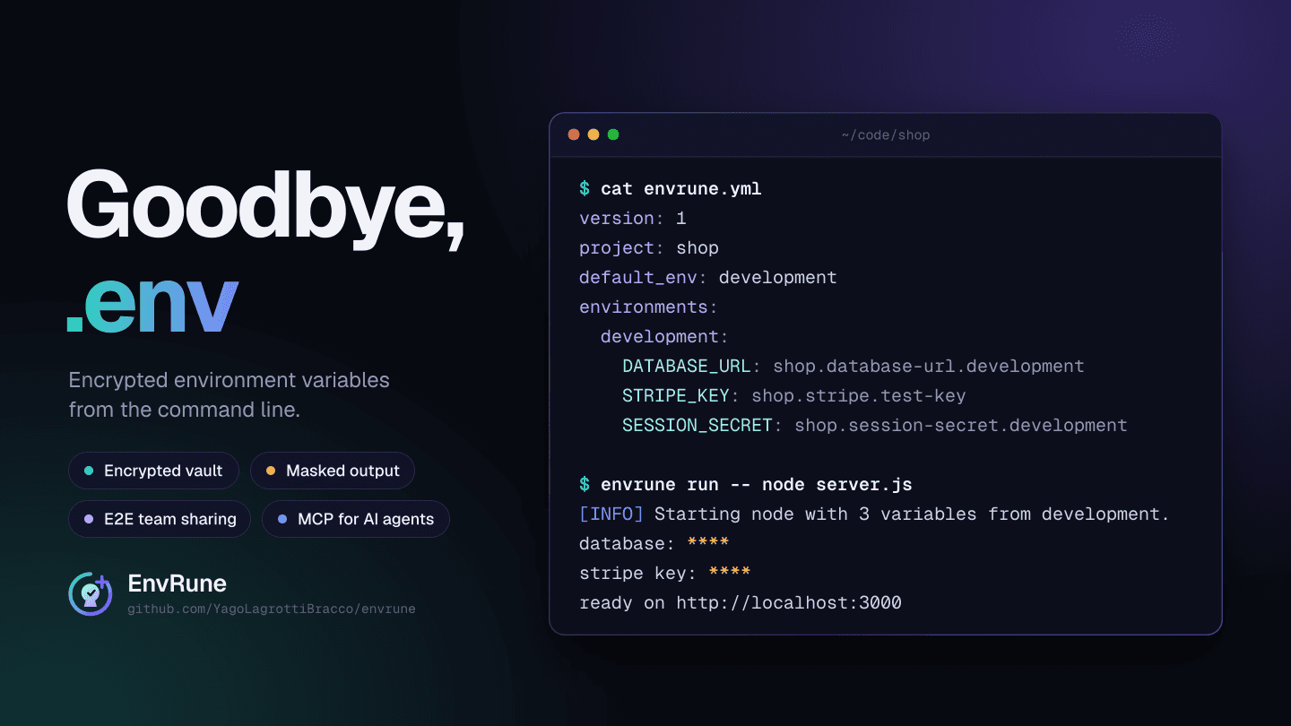 EnvRune illustration showing an encrypted vault, named environment references and masked terminal output